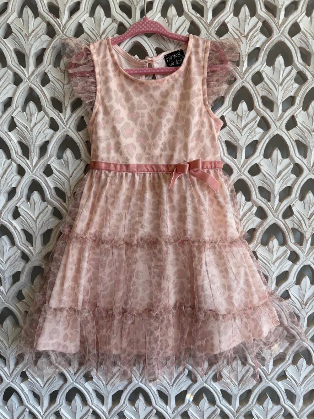 Pink & Violet Girls Size 4 Blush Pink Leopard Print Tulle Party Dress